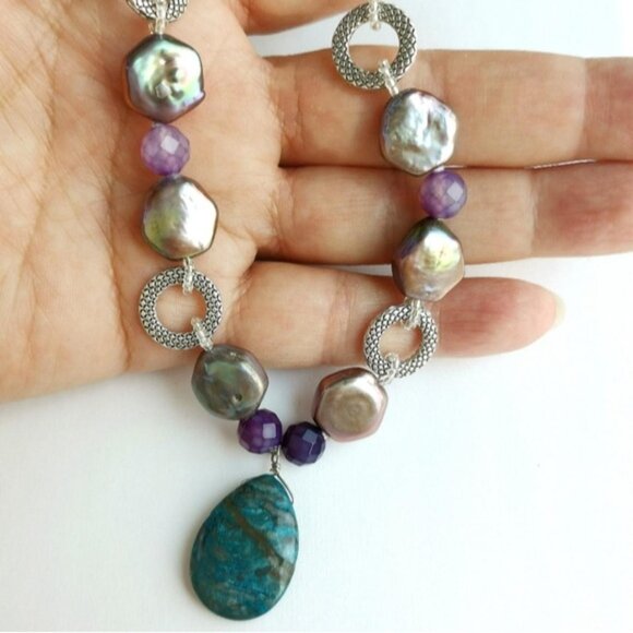 Handmade Peacock coin pearl and quartz necklace - Picture 6 of 8